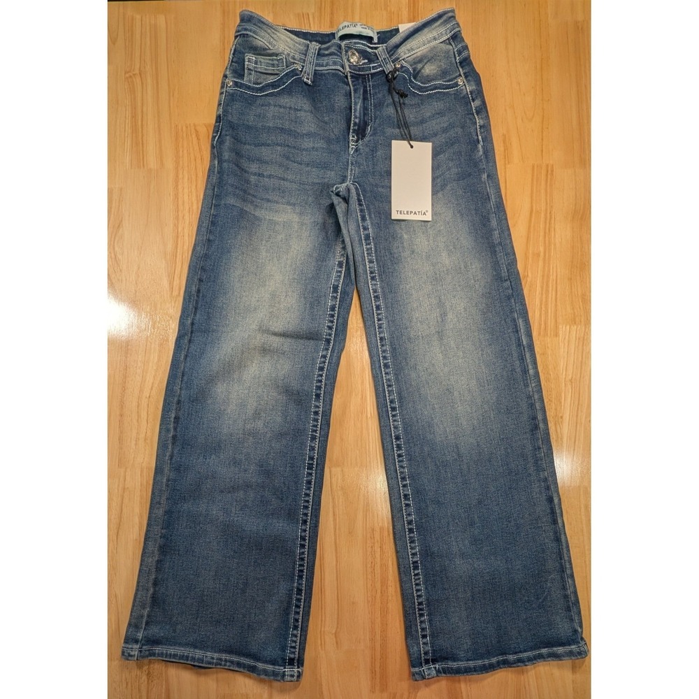 Telepatia Wide Leg Jeans Blue Denim Rhinestone Button GR25015 Mens Size 7/28 NEW